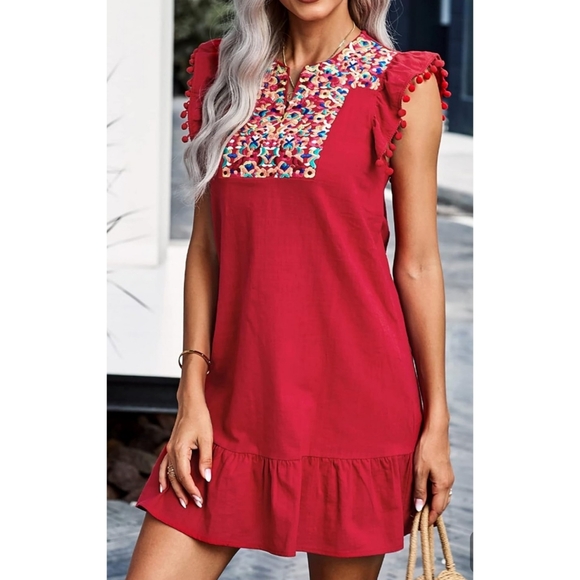 Kirundo Dresses & Skirts - Kirundo Split Neck Sleeveless Embroidered Ruffle Hem Dress Red Size M